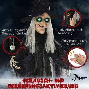 Lebensgroße alte Halloween-Hexe, Soundfunktion, mit Bewegungssensor und LED-Lichtern, 183 cm