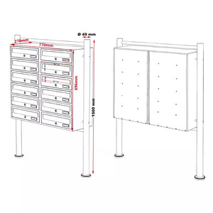 Briefkastenanlage Doppel 12er Standanlage Schwarz 12 Fächer (2x6)