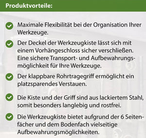 Werkzeugkiste mit 4 oder 6 Seitenfächern.