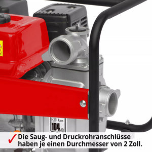 Wasserpumpe mit 6,5 PS Motor (4-Takt). 2 Zoll Schlauchanschluss. 32.000 Liter / Stunde Förderleistung.