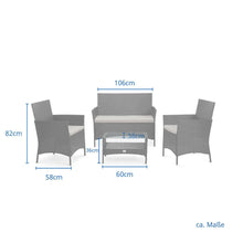 Laden Sie das Bild in den Galerie-Viewer, Polyrattan Sitzgruppe für 4 Personen mit Glastisch. Gemütliche Lounge. 3 Farben zur Auswahl.