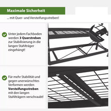 Laden Sie das Bild in den Galerie-Viewer, Schwerlastregal mit Gitterböden. 180 x 190 x 60 cm. Bis 3200 kg Traglast. Farbe schwarz.